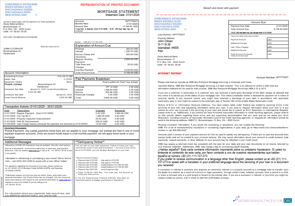 Switzerland Swiss National Bank SNB mortgage statement in Word and PDF formats, 3 pages 1 2